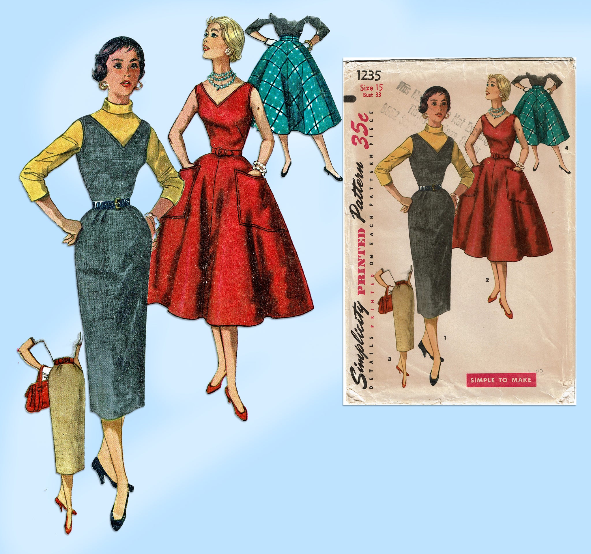 1950s Vintage Simplicity Sewing Pattern 1235 Misses Jumper Dress 33B ...
