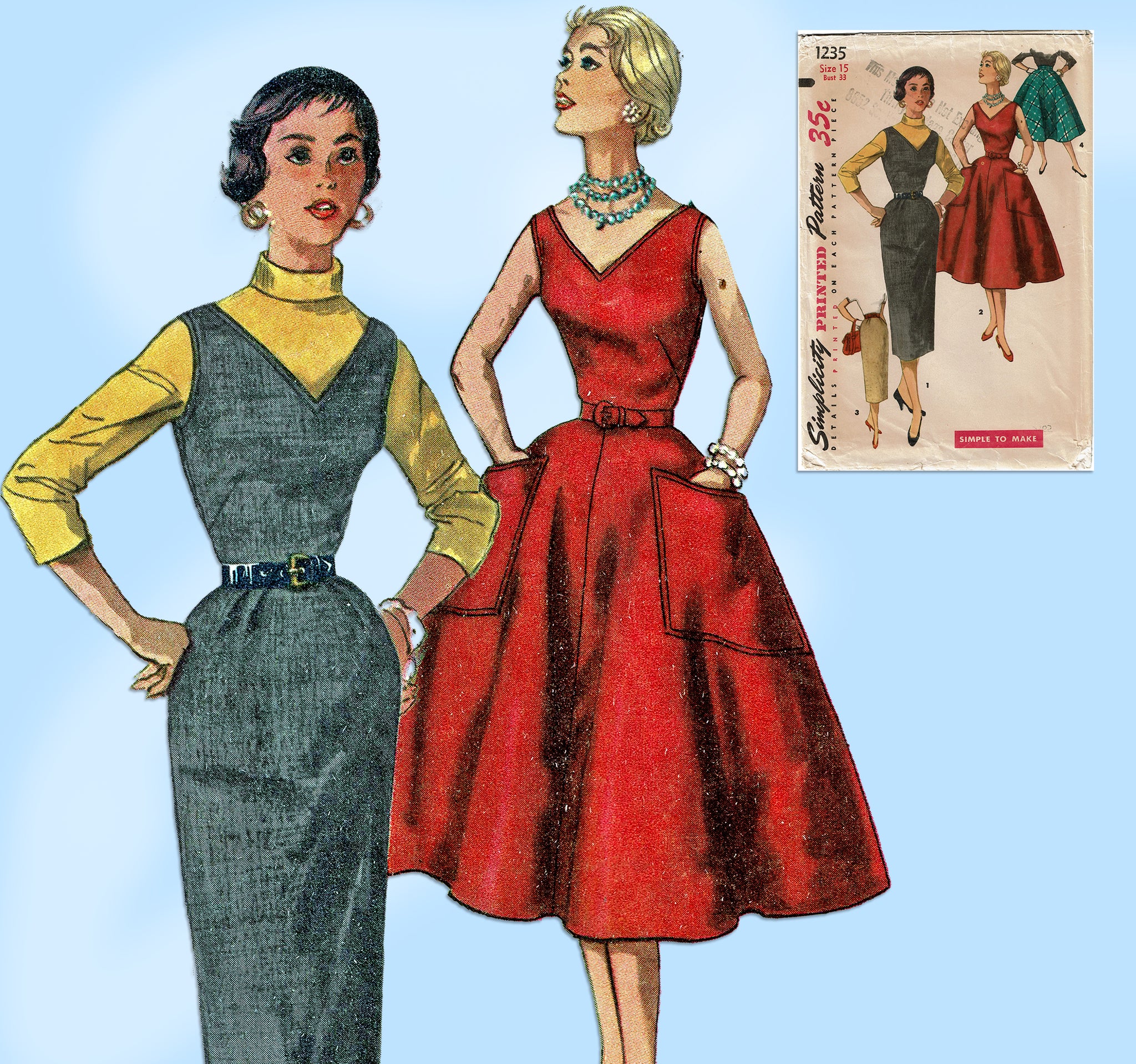 1950s Vintage Simplicity Sewing Pattern 1235 Misses Jumper Dress 33B ...