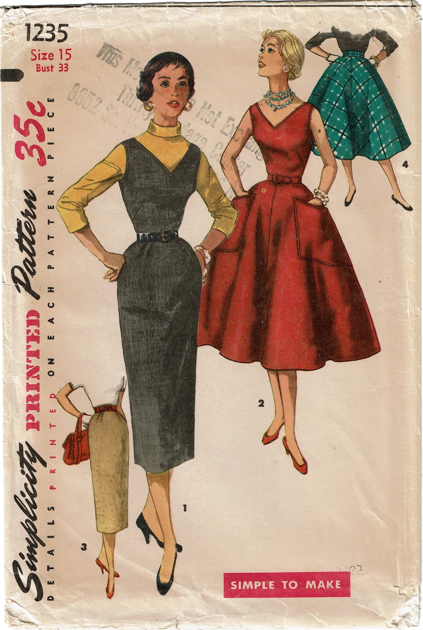 1950s Vintage Simplicity Sewing Pattern 1235 Misses Jumper Dress 33B ...