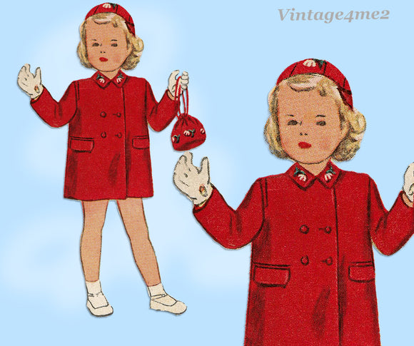 1940s Vintage Simplicity Sewing Pattern 1257 Cute Toddler Girls WWII Coat