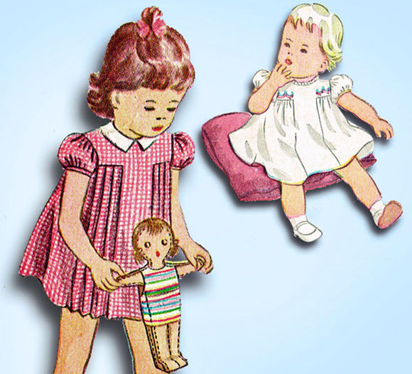 1940s Vintage Simplicity Sewing Pattern 1264 WWII Baby Girls Pleated Dress Sz 2