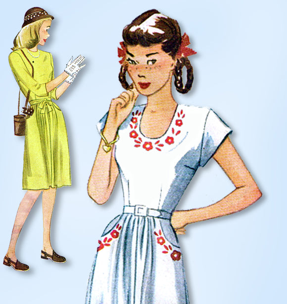 1940s Original Vintage Simplicity Pattern 1271 Uncut WWII Embroidered Dress 30 B