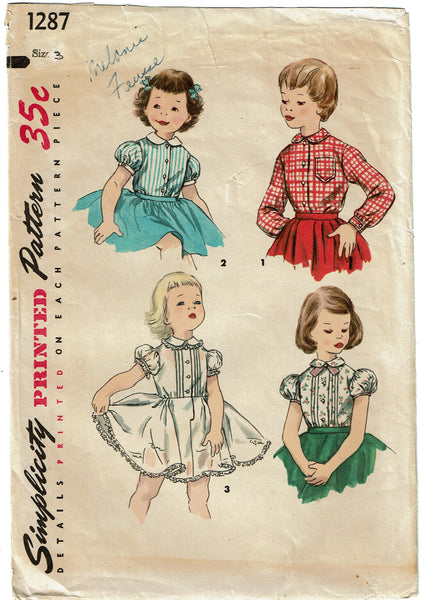 1950s Vintage Simplicity Sewing Pattern 1287 Cute Toddler Girls Petti Blouse