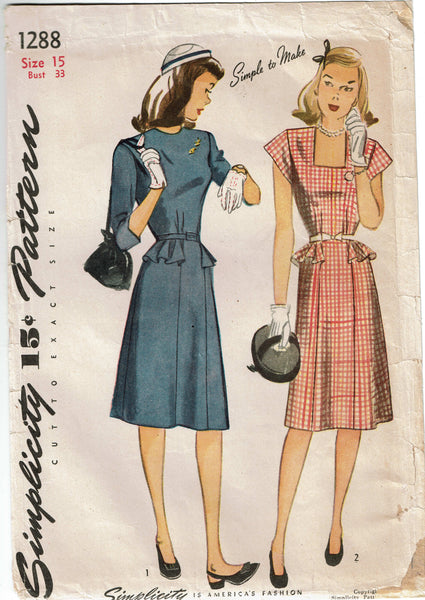Simplicity 1288: 1940s Easy Uncut Teen Misses Dress 33 B Vintage Sewing Pattern