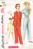 1950s Vintage Simplicity Sewing Pattern 1325 Easy Uncut Misses 2 PC Pajamas 33 B