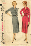 1950s Vintage Simplicity Sewing Pattern 1353 Misses Slender Dress Size 34 Bust