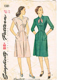 1940s Vintage Simplicity Sewing Pattern 1381 WWII Misses Shirtwaist Dress Sz 14