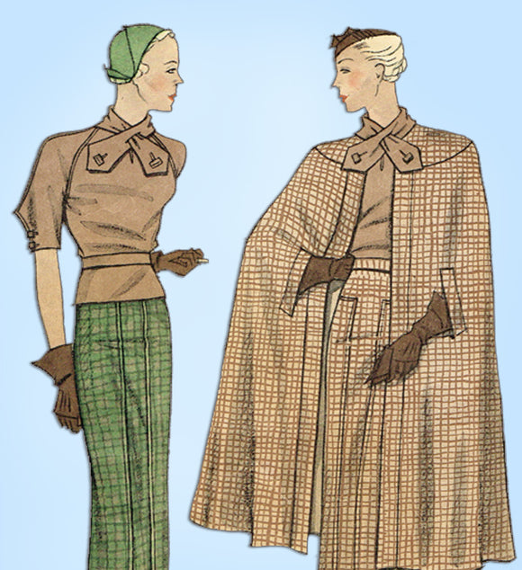 1930s Vintage Simplicity Sewing Pattern 1399 Uncut Misses Suit and Cape Sz 36 B
