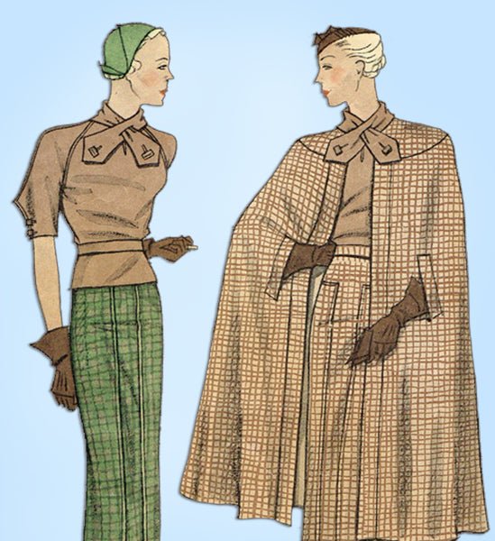1930s Vintage Simplicity Sewing Pattern 1399 Uncut Misses Suit and Cape Sz 36 B