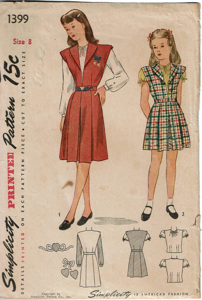 Simplicity 1399: 1940s Classic WWII Girls Jumper & Blouse Vintage Sewing Pattern