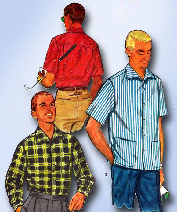 1950s Vintage Simplicity Sewing Pattern 1407 Men's Casual Shirt Size 34 36 Chest