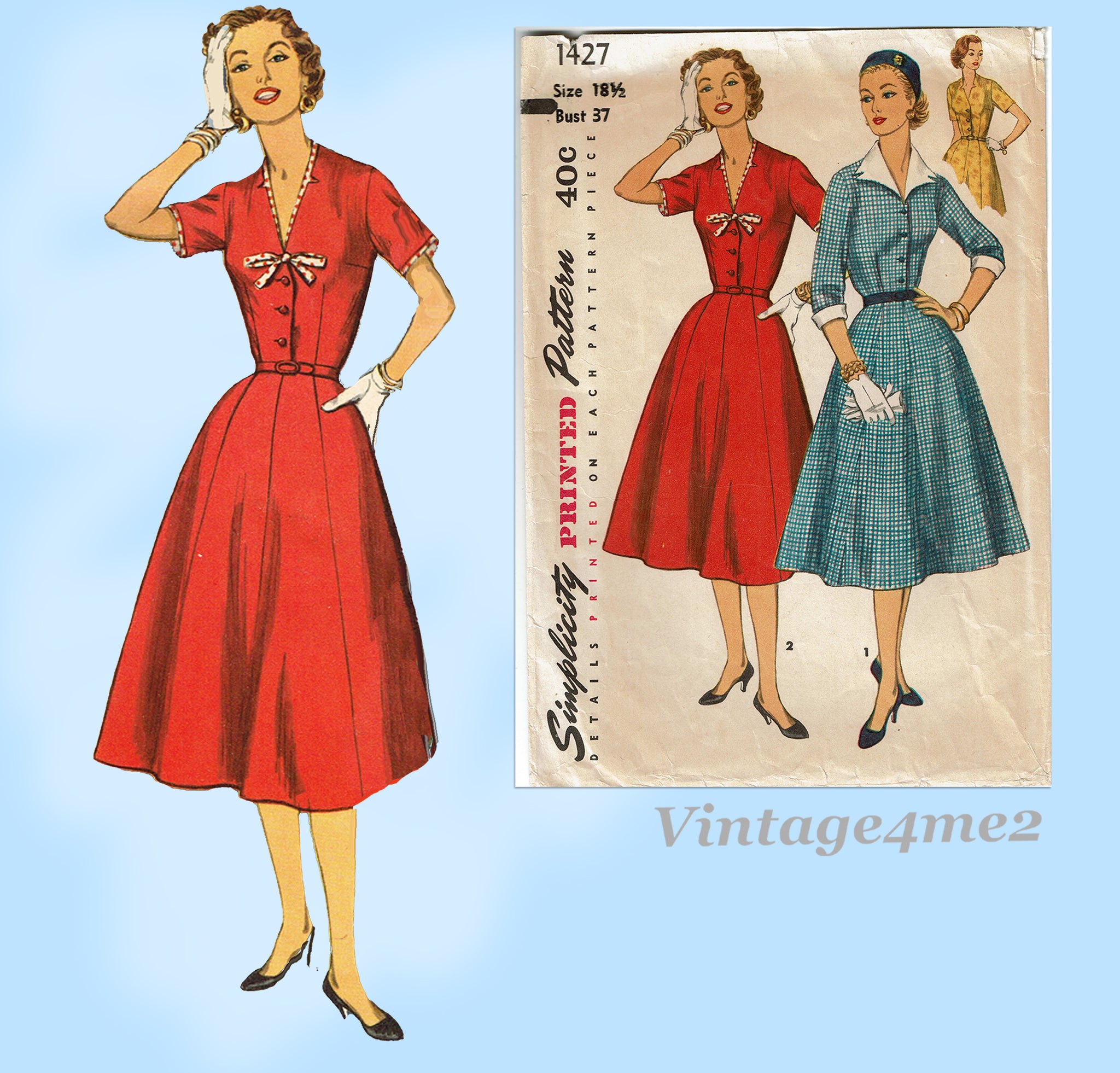 1950s Vintage Simplicity Sewing Pattern 1427 Misses Shirtwaist Dress S –  Vintage4me2