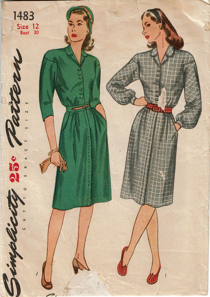 1940s Vintage Simplicity Sewing Pattern 1483 Uncut Misses WWII Shirtwaist Dress 30B