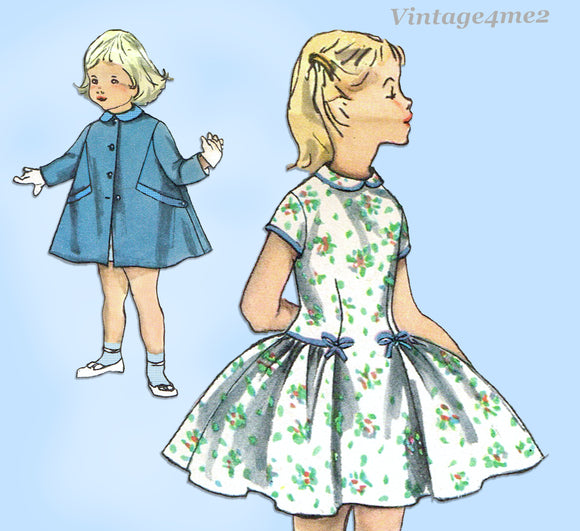 1950s Original Vintage Simplicity Pattern 1503 Toddler Girls Dress and Coat Sz 3