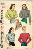 1940s Vintage Simplicity Sewing Pattern 1535 Uncut WWII Battle Jacket Sz 34 Bust