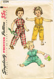 1950s Vintage Simplicity Sewing Pattern 1594 Toddler Girls Coveralls Size 1