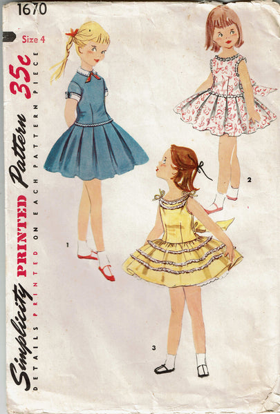 Simplicity 1670: 1950s Sweet Toddler Girls Sun Dress Sz 4 Vintage Sewing Pattern