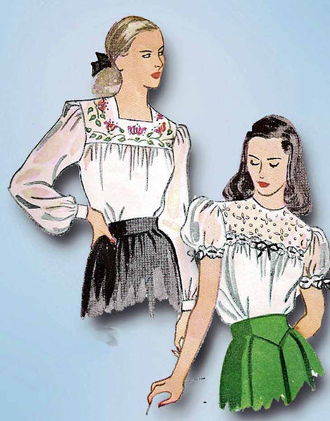 1940s Vintage Simplicity Sewing Pattern 1671 WWII Misses Embroidered Blouse Sz16