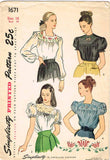 1940s Vintage Simplicity Sewing Pattern 1671 WWII Misses Embroidered Blouse Sz16