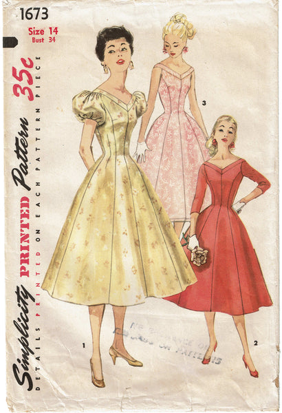 Simplicity 1673: 1950s Misses Cocktail Dress Size 34 Bust Vintage Sewing Pattern
