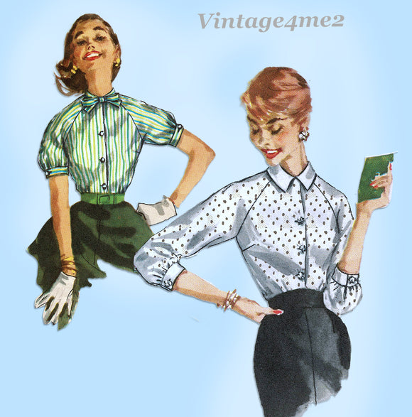 1950s Vintage Simplicity Sewing Pattern 1692 Cute Misses Raglan Blouse Sz 34 B