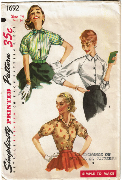 1950s Vintage Simplicity Sewing Pattern 1692 Cute Misses Raglan Blouse Sz 34 B