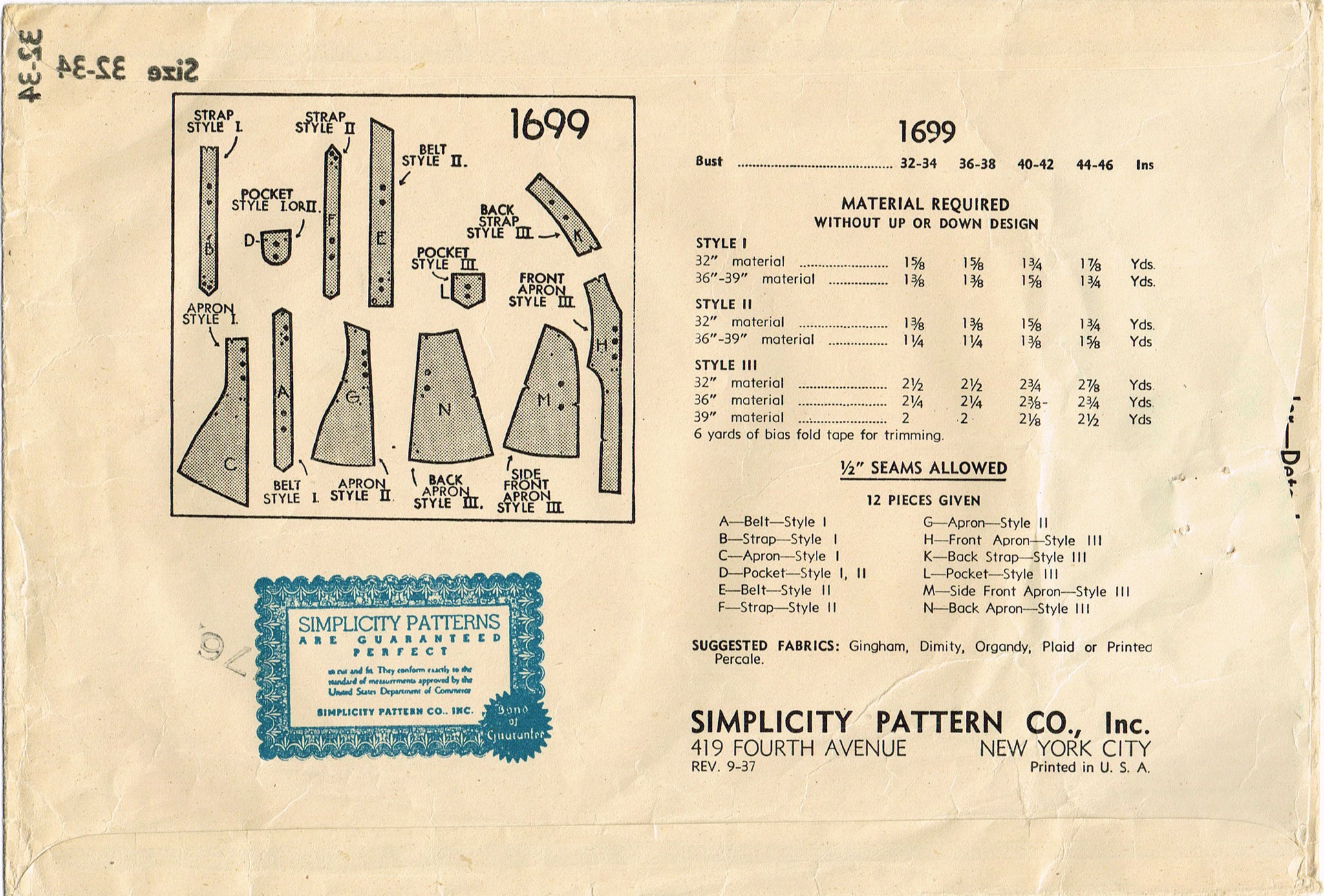 Simplicity 1699 Simplicity 1699: 1930s Misses Farm Kitchen Apron 32-34 B Vintage Sewin ...