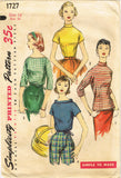 1950s Vintage Simplicity Sewing Pattern 1727 Easy Misses Kimono Blouse Size 34B