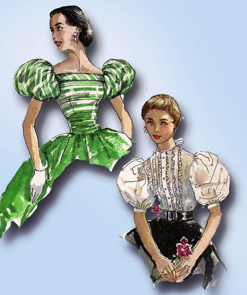 1950s Vintage Simplicity Sewing Pattern 1728 Misses Puff Sleeve Blouse Size 34 B