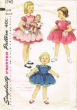 1950s VTG Simplicity Sewing Pattern 1745 Toddler Girls Dress Matching Doll Sz 3