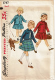 1950s Vintage Simplicity Sewing Pattern 1747 Uncut Toddler Girls Suit Sz 4