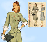 1940s Vintage Simplicity Sewing Pattern 1866 Misses Double Breasted Peplum Suit 29 B