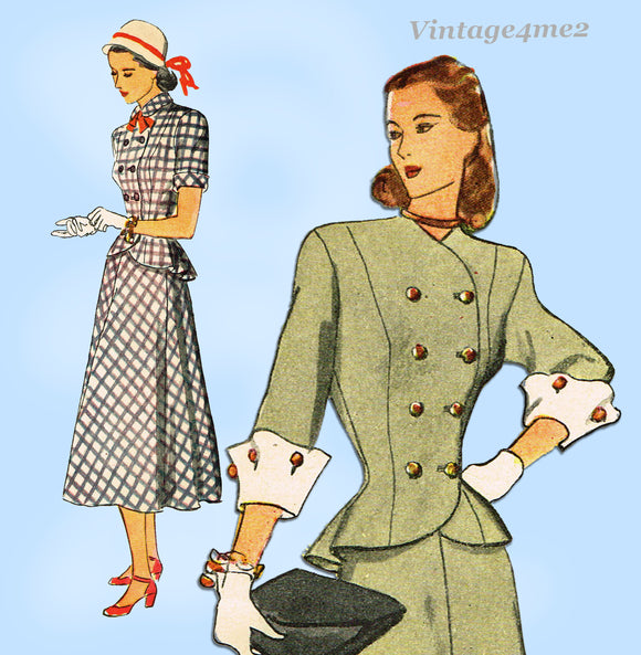 1940s Vintage Simplicity Sewing Pattern 1866 Misses Double Breasted Peplum Suit 36B