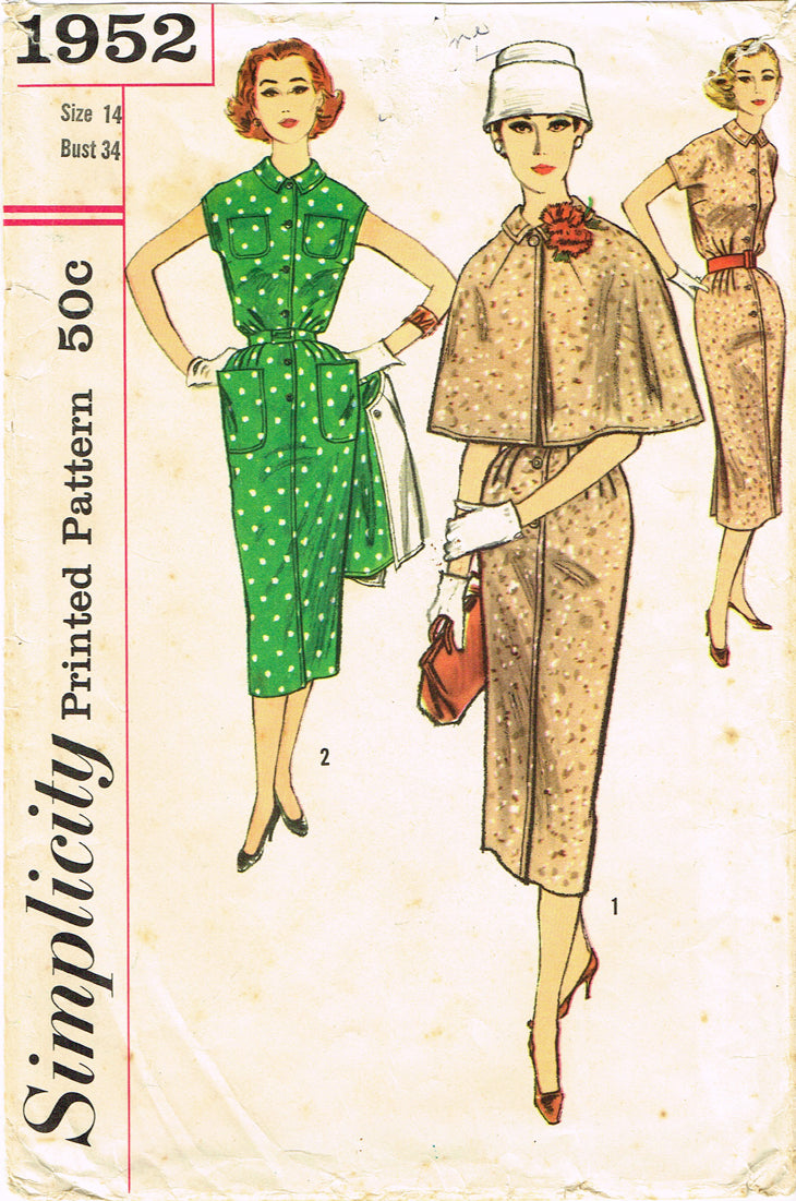 1950s Vintage Simplicity Sewing Pattern 1950 Uncut Misses Dress w Cape ...