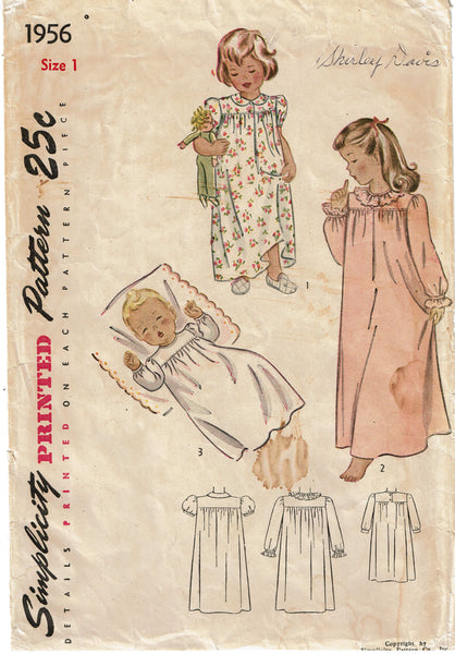 1940s Vintage Simplicity Sewing Pattern 1956 Charming Toddler Girls Nightgown