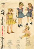 1940s Vintage Simplicity Pattern 1959 Baby Girls Pinafore Dress & Bonnet Size 2