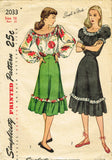1940s Vintage Simplicity Sewing Pattern 2033 Misses Skirt & Peasant Blouse 34 B - Vintage4me2
