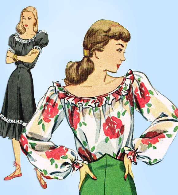 1940s Vintage Simplicity Sewing Pattern 2033 Misses Skirt & Peasant Blouse 34 B - Vintage4me2