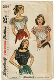 1940s Vintage Simplicity Sewing Pattern 2034 Misses Peasant Blouse Size 30 Bust