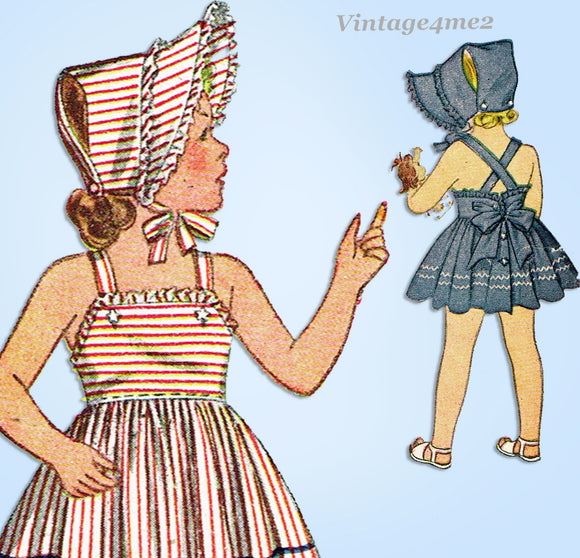 1940s Vintage Simplicity Sewing Pattern 2112 Easy Girls Sun Dress & Bonnet Sz 2