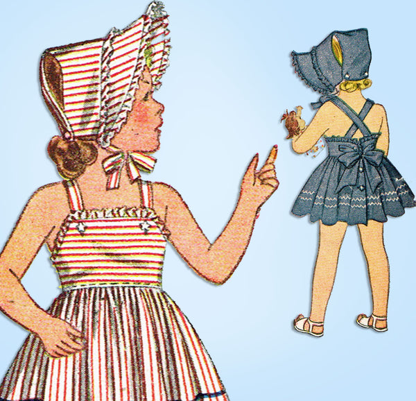 1940s Vintage Simplicity Sewing Pattern 2112 Easy Girls Sun Dress & Bonnet Sz 8 - Vintage4me2