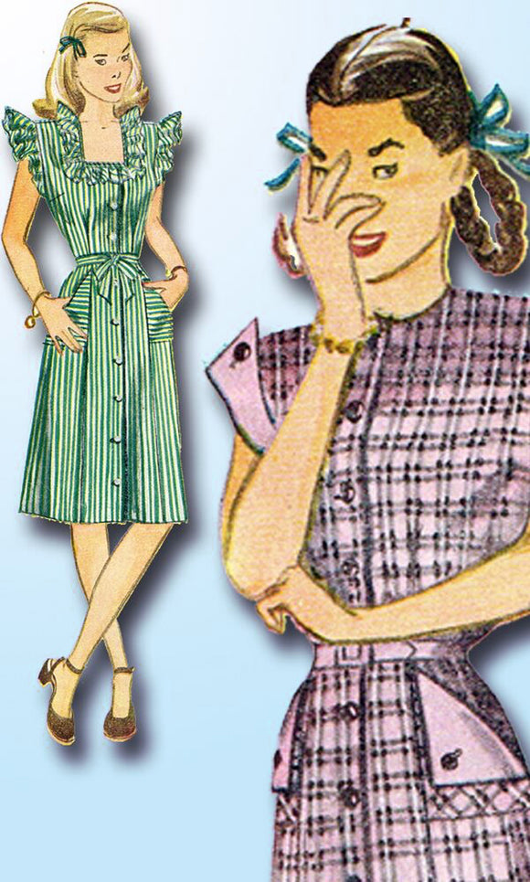 1940s Vintage Simplicity Sewing Pattern 2119 Junior Misses Casual Dress Size 32B