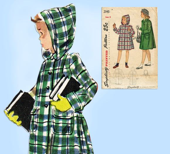 1940s Vintage Simplicity Sewing Pattern 2145 Cute Girls Hooded Coat Size 8