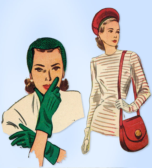 1940s Original Vintage Simplicity Pattern 2173 Misses Hat Gloves Purse Set