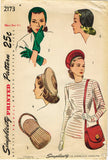 1940s Original Vintage Simplicity Pattern 2173 Misses Hat Gloves Purse Set