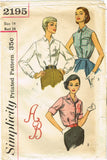 1950s Original Vintage Simplicity Pattern 2195 Misses Monogram Blouse Sz 34 B