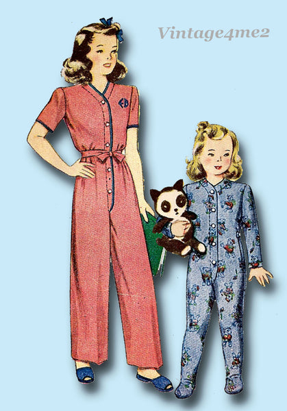 1940s Vintage Simplicity Sewing Pattern 2199 Toddler Girls 1 Piece Pajamas Sz 2