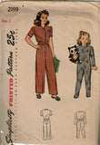 1940s Vintage Simplicity Sewing Pattern 2199 Toddler Girls 1 Piece Pajamas Sz 2
