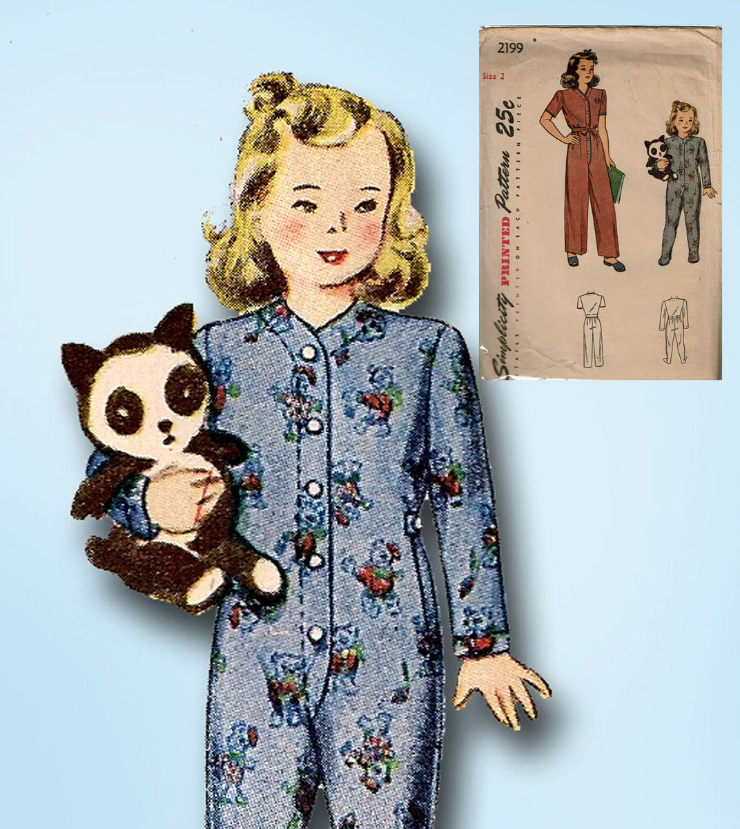 1940s Vintage Simplicity Sewing Pattern 2199 Toddler Girls Pajamas Sz2 ...