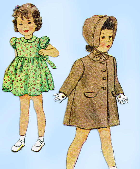 1940s Vintage Simplicity Sewing Pattern 2200 Baby Girls Dress Coat & Bonnet Sz 1 - Vintage4me2
